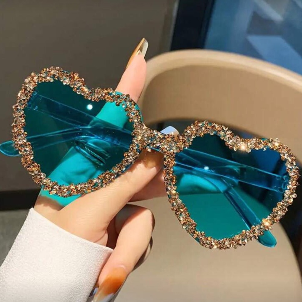 Heart-Shaped Crystal Sunglasses - Blue and Gold
